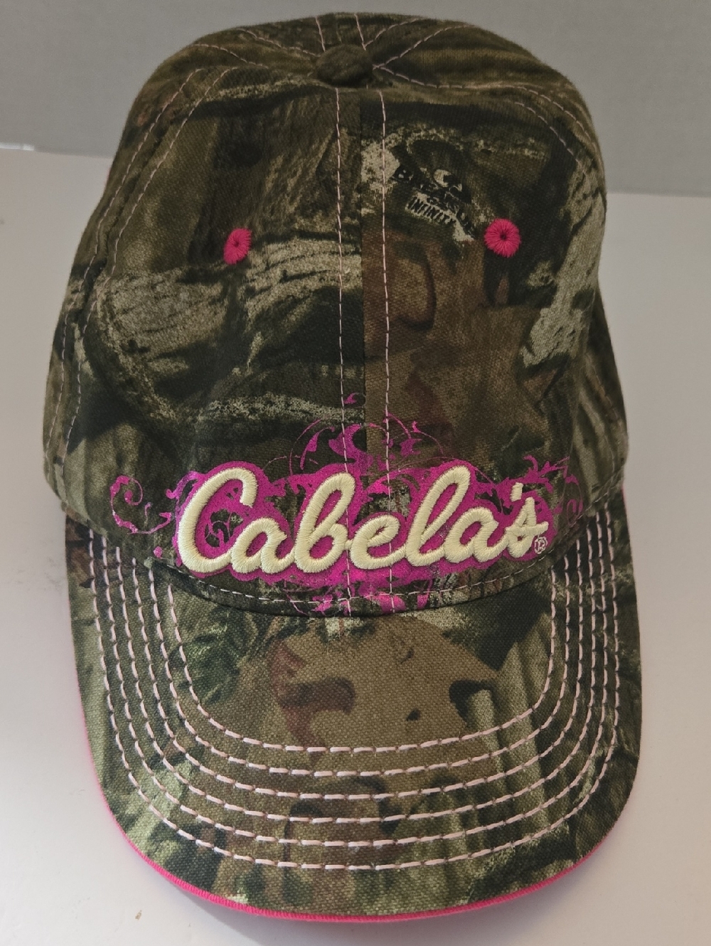 Cabela's Green Camo Kids Hat with Pink Embroidery